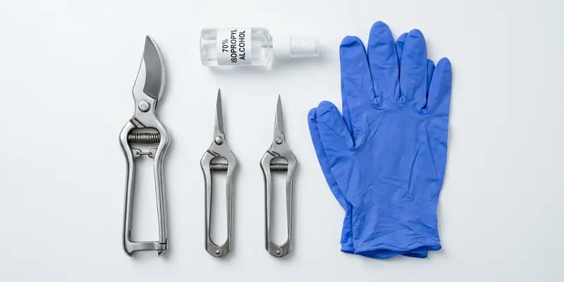 A student sterilising harvesting shears with 70% isopropyl alcohol